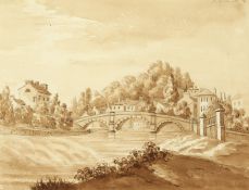 19th Century English school, 'Greta Bridge', A river landscape, watercolour and pencil, inscribed '