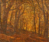 George Graham (1881-1949) British, Pathway through a forest in Autumn, oil on canvas, signed and