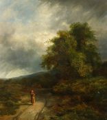 Adams, 19th century school, a mother and child on a country path, with trees and hills beyond, oil