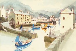 Frederick T. W. Cook (1907-18 92) British, a harbour scene with mountains beyond, watercolour,
