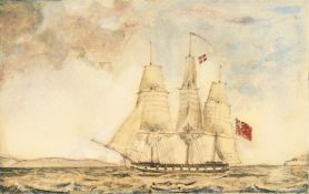 19th century, A Nautical scene with a ship on open waters, watercolour, Unframed, 3