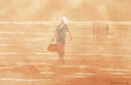 J. S. Yamamoto (20th century), a study of a lady carrying a pail with figure beyond, mixed media,