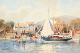 Arthur Netherwood (1864-1930) British, a continental port seen with hills beyond, watercolour,