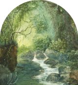 19th century, An archtop forest scene depicting a meandering river, watercolour, 14