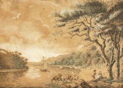 19th century, A scenic river landscape, watercolour, unframed, 7.5