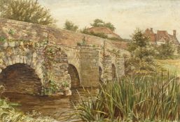 Louis Walter (19th century) British, Two views of Tilford Bridge and a view of Elstead bridge, three