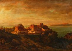 Circle of Eduard Hildebrandt (1818-1868) German, 'Korfu', Scene of a castle overlooking the coast,