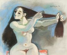 Alberto Morocco (1917-1998) Scottish, 'Woman Combing her Hair', study of a seated nude, pastel,