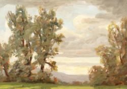 John Brown (20th century) Scottish, Landscape at dusk, oil on board, signed with initials, 9.5