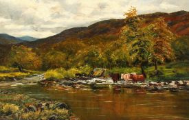 19th century English school, A scene of cows by a mountain river, oil on canvas, 12