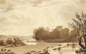 Style of John Varley, A scenic river landscape, Ink & wash, unframed, 6