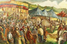 Derek Higginson (1930-2020) British, Scene of figures at an outdoor circus, oil on canvas, signed,