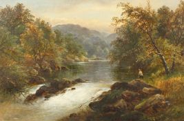 George B. Yarnold (19 century) British, Angler by waterfall at dusk with mountains beyond, signed,