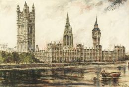 20th Century British School, A view of the Houses of Parliament, pastel and watercolour, signed