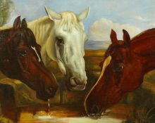 Manner of Herring (c. 1950), Three horses watering with a coastal landscape beyond, oil on canvas
