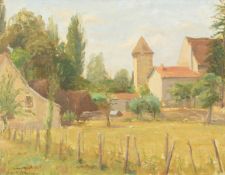 Derek Fowler (1919-1990) British, 'Farm near Moulin', Landscape with building beyond, oil on canvas,