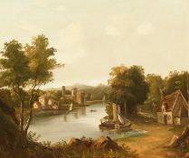 19th century continental, a scenic river landscape, with figures and boats with a castle beyond, oil