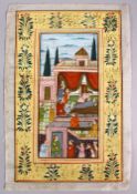 A 19TH / 20TH CENTURY INDIAN PAINTING ON SILK - depicting figures interior, 39cm x 26cm.