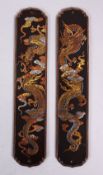 A PAIR OF JAPANESE MEIJI PERIOD IRON & MIXED METAL DAMASCENE DRAGON DOOR FINGER PLATES, each