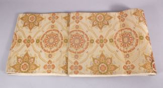 A FINE JAPANESE SILK EMBROIDERED FUKURO OBI TIE - upon a beige ground and embroidered with formal