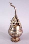 A 19TH CENTURY INDIAN SILVERED ROSE WATER SPRINKLER, with a bird to the spout, and applied floral