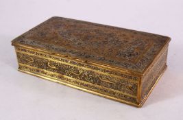 A PERSIAN BRASS ENGRAVED LIDDED BOX, carved with birds amongst flora and floral motif, 16cm x 9cm