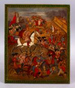A PERSIAN QAJAR LACQUER PAINTED PANEL OF 1ST QAJAR KING AGHA MOHAMMAD KHAN QAJAR, 21cm x 25cm.