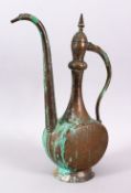 A 19TH CENTURY ISLAMIC PERSIAN TINNED BRONZE / COPPER EWER, 36CM HIGH.