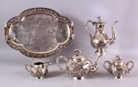 A FINE QUALITY 19TH CENTURY CHINESE SILVER TEA SERVICE & TRAY BY CHONGHANG, comprising a tea pot,