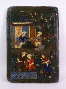 A 18TH / 19TH CENTURY PERSIAN PAPIER MACHE PAINTED PANEL, depicting figures in garden settings, 37cm