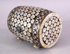 A 19TH / 20TH CENTURY GOA / INDIAN MOTHER OF PEARL BARREL FORMED BOX, 13cm wide x 10cm diameter.