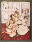 A GOOD 19TH CENTURY PERSIAN MINIATURE PAINTING ON IVORY OR MICA, of two intimate figures interior,