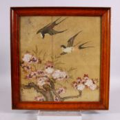 A 19TH / 20TH CENTURY CHINESE PAINTED SILK PICTURE OF BIRDS AMONGST FLORA - the birds in flight