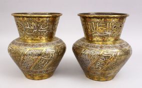 A GOOD PAIR OF 19TH CENTURY DAMASCUS INLAID CALLIGRAPHIC VASES, both engraved with calligraphy and