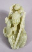 A CHINESE CARVED CELADON JADE FIGURE OF A BEARDED MAN AND BOYS,15 cm