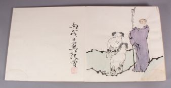 A CHINESE BOOK OF ELEVEN WATER COLOUR PAINTINGS, each depicting figures in landscapes and some