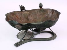 A CHINESE BRONZE LOTUS LEAF FORMED BOWL / ORNAMENT, depicting a lotus leav inverted with shoots of