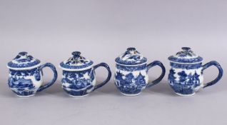FOUR 18TH CENTURY CHINESE BLUE & WHITE PORCELAIN CUDDLE CUPS & COVERS, each decorated with views