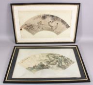 TWO 19TH / 20TH CENTURY CHINESE PAINTED FAN FRAMED PICTURES, the fans each framed, one depicting a