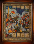 A 20TH CENTURY PERSIAN MINIATURE PRINT, of figures and animals in landscapes, ith gilt highlights,