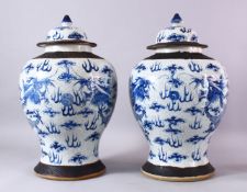 A PAIR OF 19TH CENTURY CHINESE BLUE & WHITE PORCELAIN VASES & COVERS, decorated with scenes of