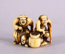 A JAPANESE EDO PERIOD CARVED IVORY NETSUKE OF THREE DRUNK MEN - the men partially stood in leaning