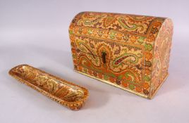 TWO INDIAN KASHMIRI LACQUER BOX / LETTER RACK & PEN TRAY, decorated with traditional motif, 17CM X