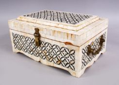 A 19TH / 20TH CENTURY ISLAMIC INLAID BONE & EBONY CASKET - with twin mounted handles and hasp,