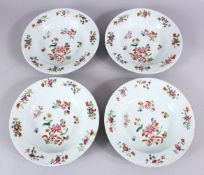 A SET OF FOUR 18TH CENTURY CHINESE FAMILLE ROSE PORCELAIN SOUP PLATES, the plated each decorated