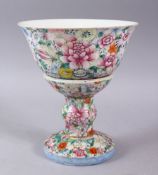 A 19TH CENTURY CHINESE FAMILLE ROSE PORCELAIN MILLEFLEUR TAZZA, decorated with an array of floral