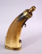 A CARVED HORN AND BRASS MOUNTED POWDER FLASK, 22CM