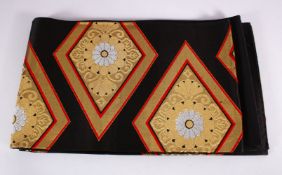 A FINE JAPANESE SILK EMBROIDERED FUKURO OBI TIE - upon a black ground with silver and gold