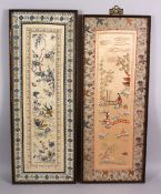 TWO 19TH CENTURY CHINESE EMBROIDERED SILK FRAMED PICTURES, one finely embroidered to depict swimming