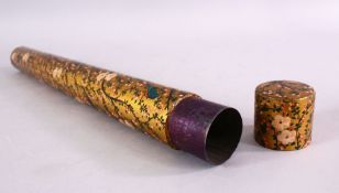 A TURKISH OR KASHMIRI LACQUERED CYLINDRICAL SCROLL HOLDER, decorated with a gold ground and native